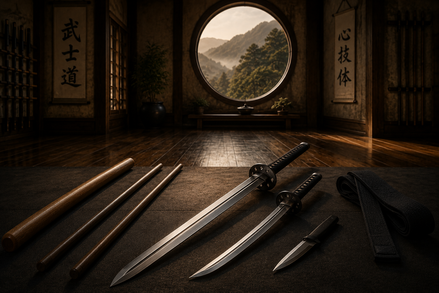 Martial arts training including staff work, sword practice, and self-defense.